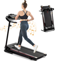 Folding Treadmill with Ramp, 0.5-7.5MPH Foldable Motorised Treadmill, Bluetooth Speaker, Cup Holder, Heart Rate Sensor, Walking Treadmill for Home