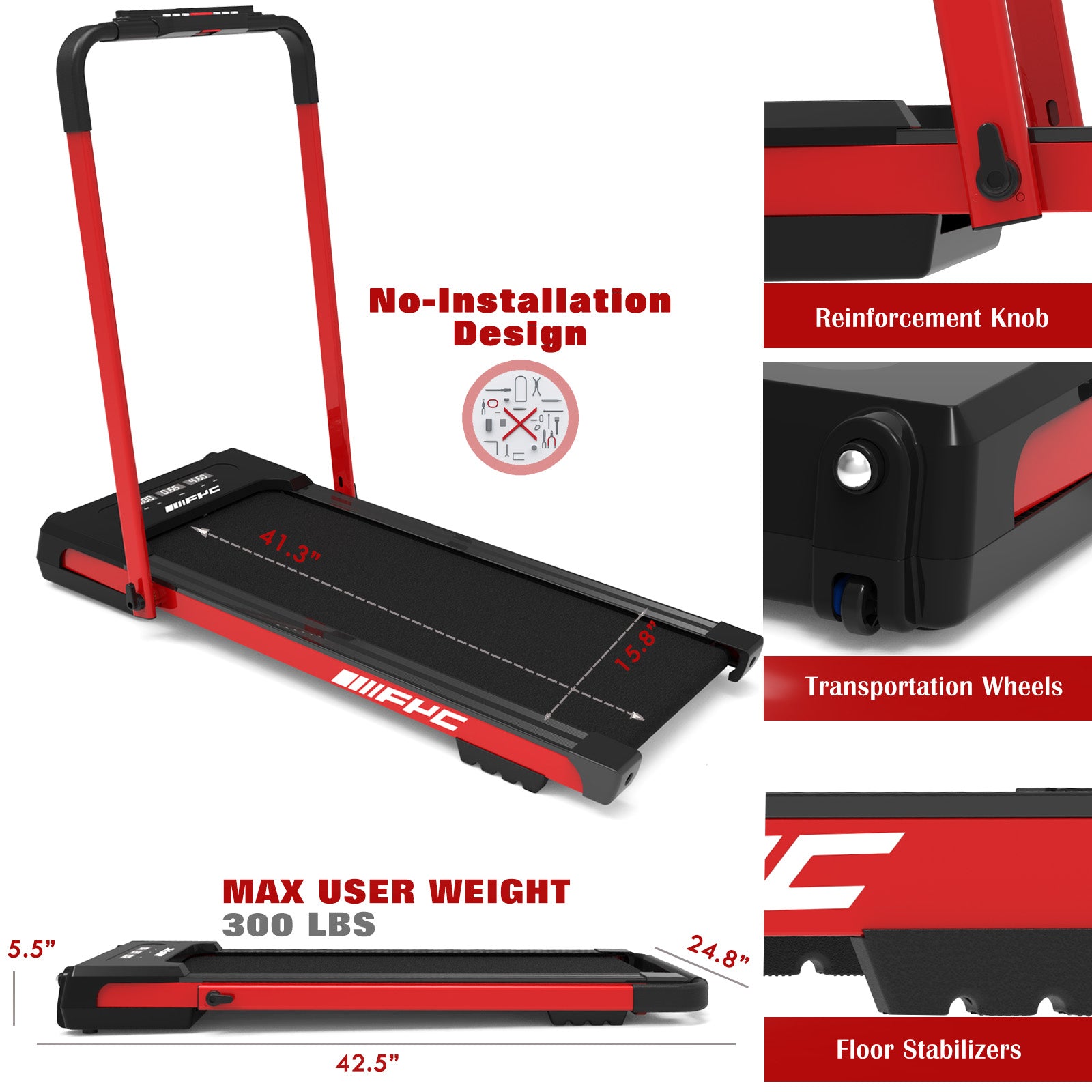 Walking Pad Treadmill, Under Desk Treadmill Folding 2 in 1 Treadmills for Home Small with 3.5HP 300LBS Capacity-Red